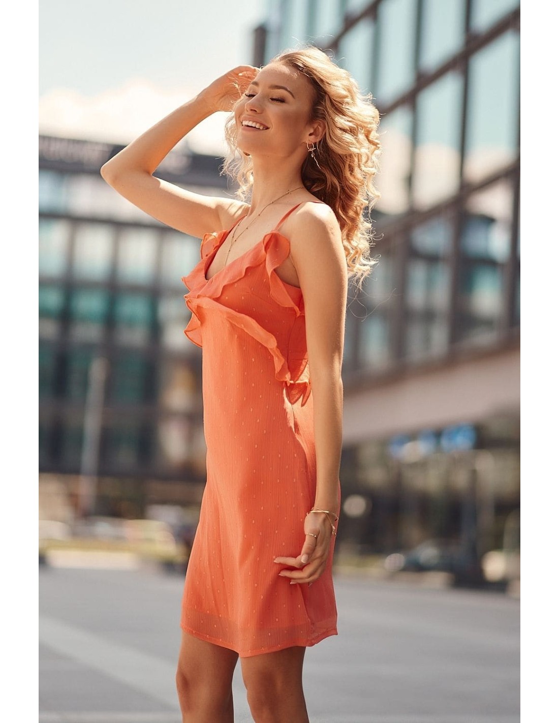 Rochie fermecatoare coral cu volane PR32120 - Magazin online - Boutique